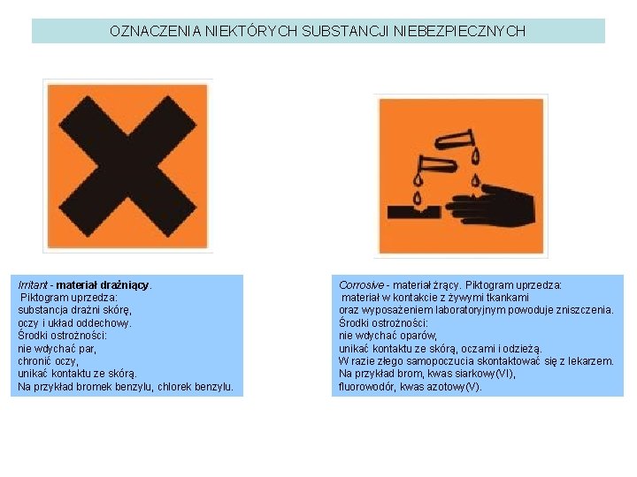 OZNACZENIA NIEKTÓRYCH SUBSTANCJI NIEBEZPIECZNYCH Irritant - materiał drażniący. Piktogram uprzedza: substancja drażni skórę, oczy