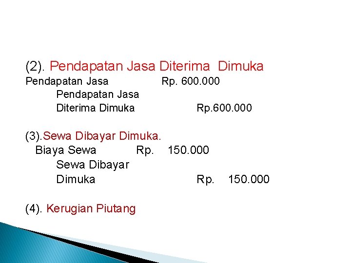 (2). Pendapatan Jasa Diterima Dimuka Rp. 600. 000 (3). Sewa Dibayar Dimuka. Biaya Sewa