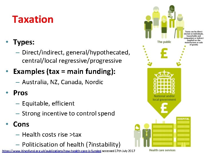 Taxation • Types: – Direct/indirect, general/hypothecated, central/local regressive/progressive • Examples (tax = main funding):