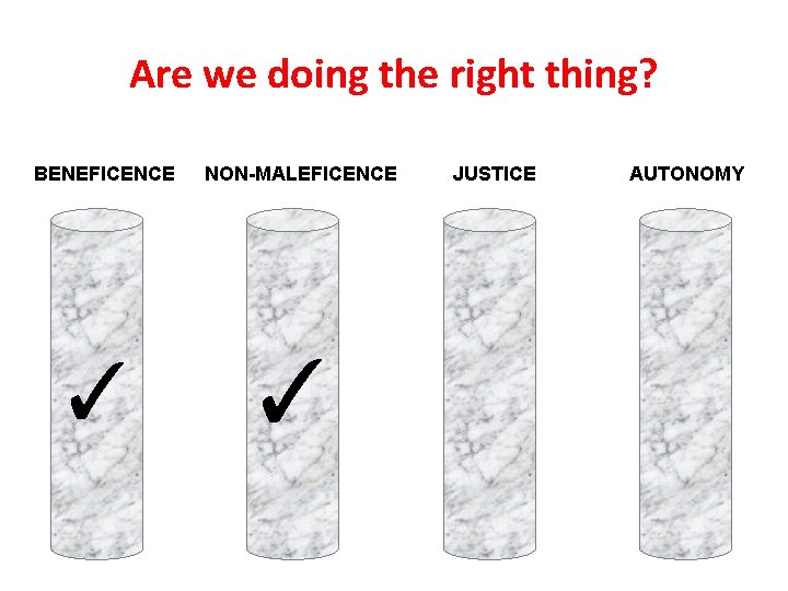 Are we doing the right thing? BENEFICENCE ✓ NON-MALEFICENCE ✓ JUSTICE AUTONOMY 