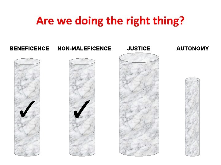 Are we doing the right thing? BENEFICENCE ✓ NON-MALEFICENCE ✓ JUSTICE AUTONOMY 