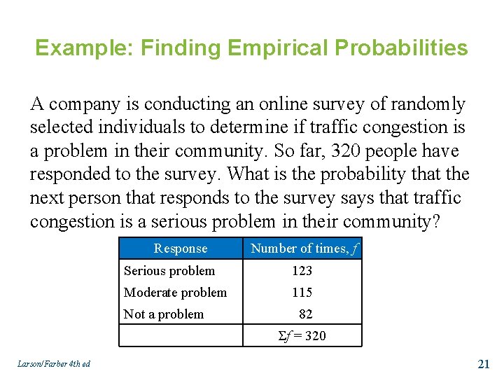 Example: Finding Empirical Probabilities A company is conducting an online survey of randomly selected