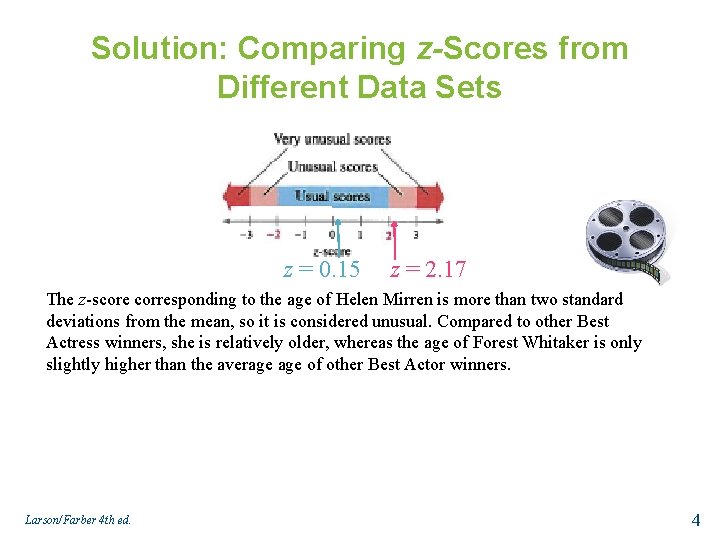 Solution: Comparing z-Scores from Different Data Sets z = 0. 15 z = 2.