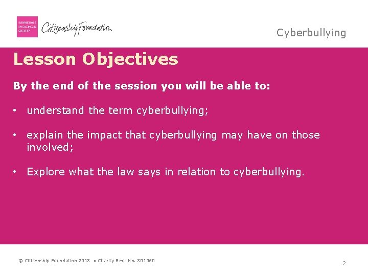 Cyberbullying Lesson Objectives By the end of the session you will be able to: