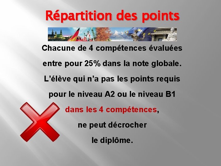 Répartition des points Chacune de 4 compétences évaluées entre pour 25% dans la note