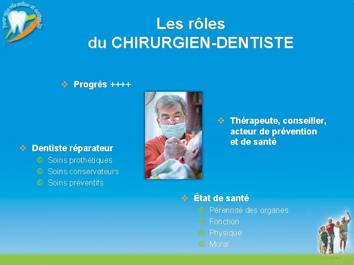 Les rôles du CHIRURGIEN-DENTISTE v Progrès ++++ v Thérapeute, conseiller, acteur de prévention et