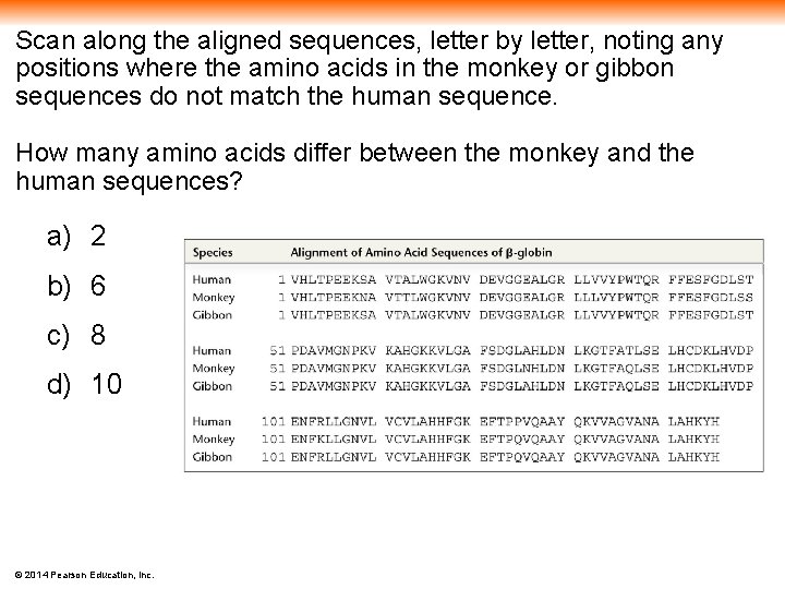 Scan along the aligned sequences, letter by letter, noting any positions where the amino