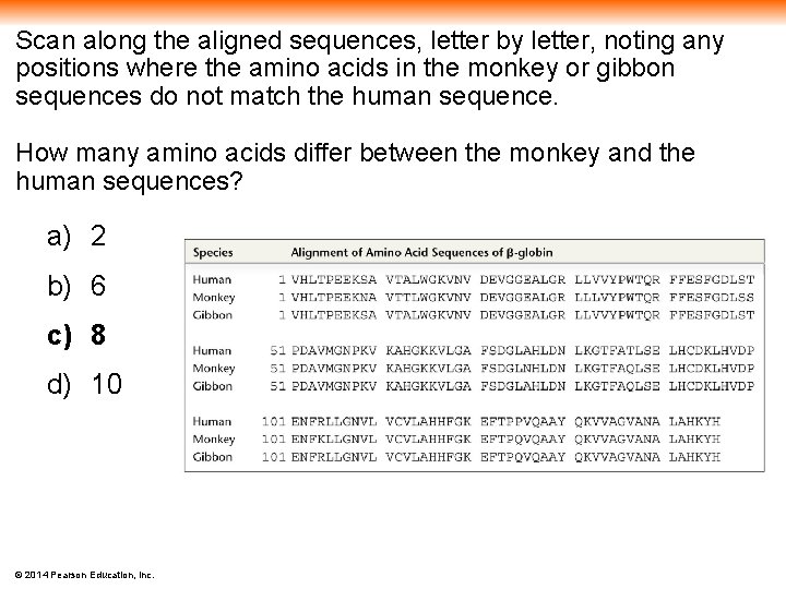 Scan along the aligned sequences, letter by letter, noting any positions where the amino