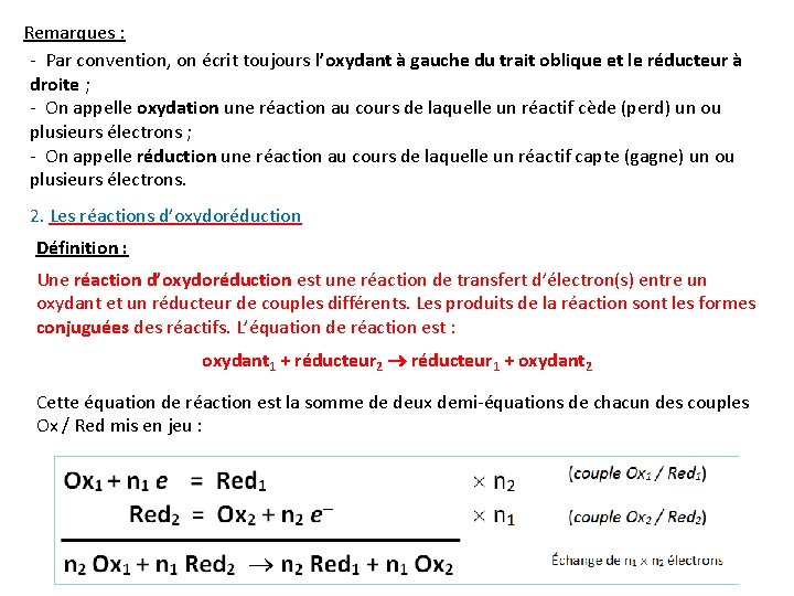 Remarques : - Par convention, on écrit toujours l’oxydant à gauche du trait oblique
