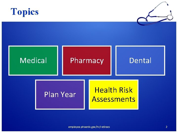 Topics Medical Pharmacy Plan Year Dental Health Risk Assessments employee. phoenix. gov/hr/retirees 2 