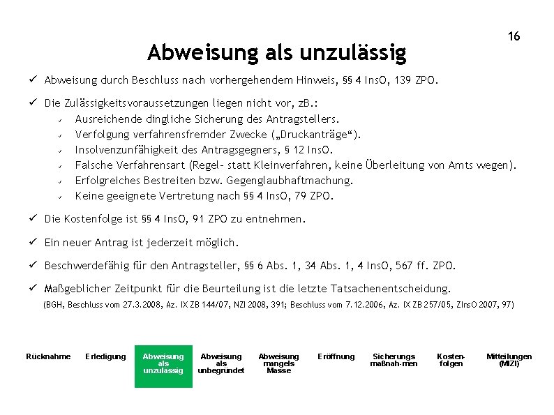 16 Abweisung als unzulässig ü Abweisung durch Beschluss nach vorhergehendem Hinweis, §§ 4 Ins.