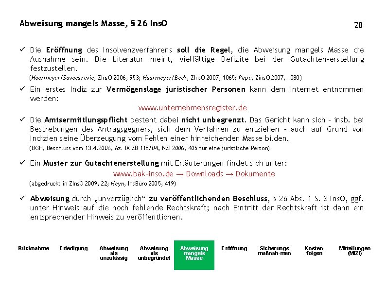 Abweisung mangels Masse, § 26 Ins. O 20 ü Die Eröffnung des Insolvenzverfahrens soll