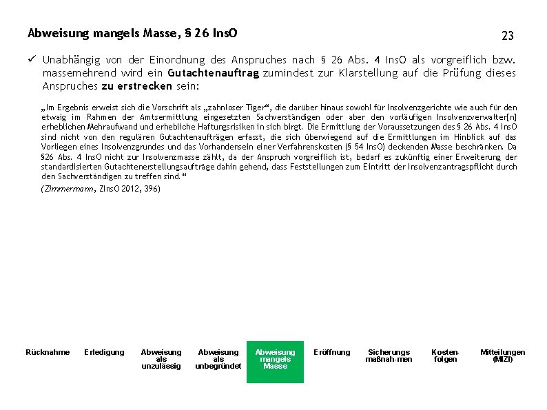 Abweisung mangels Masse, § 26 Ins. O 23 ü Unabhängig von der Einordnung des