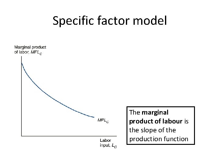 Specific factor model The marginal product of labour is the slope of the production