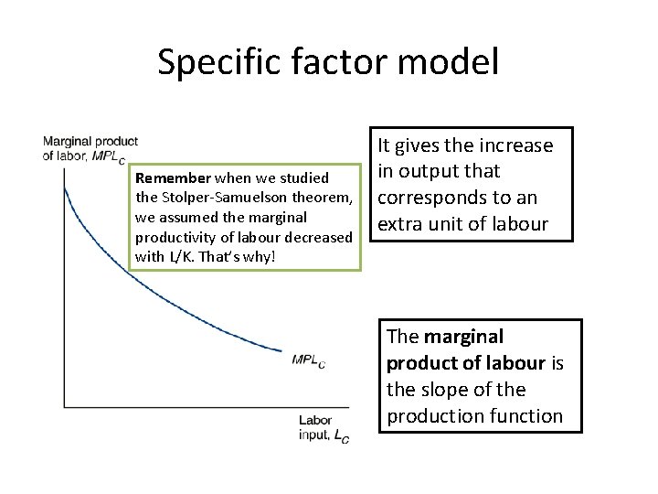 Specific factor model Remember when we studied the Stolper-Samuelson theorem, we assumed the marginal
