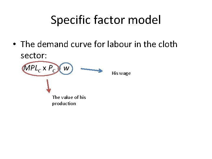 Specific factor model • The demand curve for labour in the cloth sector: MPLC