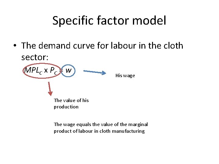 Specific factor model • The demand curve for labour in the cloth sector: MPLC