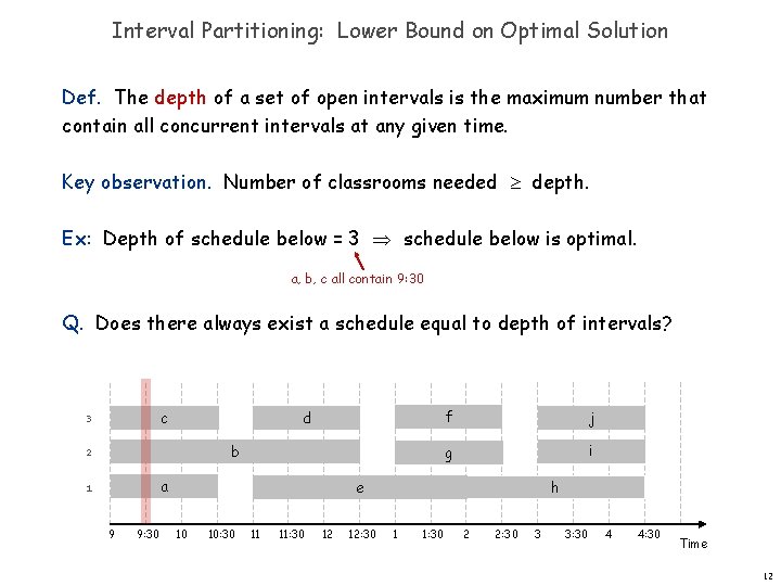 Interval Partitioning: Lower Bound on Optimal Solution Def. The depth of a set of