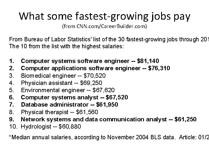 What some fastest-growing jobs pay (from CNN. com/Career. Builder. com) From Bureau of Labor