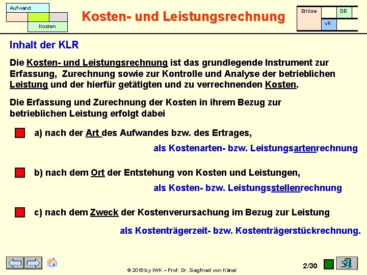 Aufwand Kosten- und Leistungsrechnung Erlöse DB v. K Inhalt der KLR Die Kosten- und