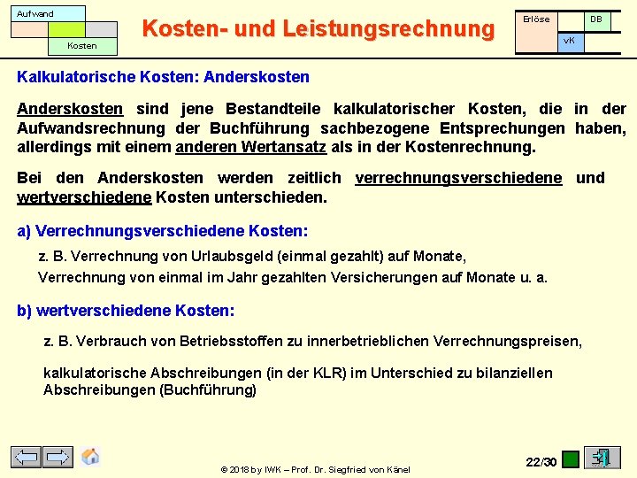 Aufwand Kosten- und Leistungsrechnung Erlöse DB v. K Kalkulatorische Kosten: Anderskosten sind jene Bestandteile