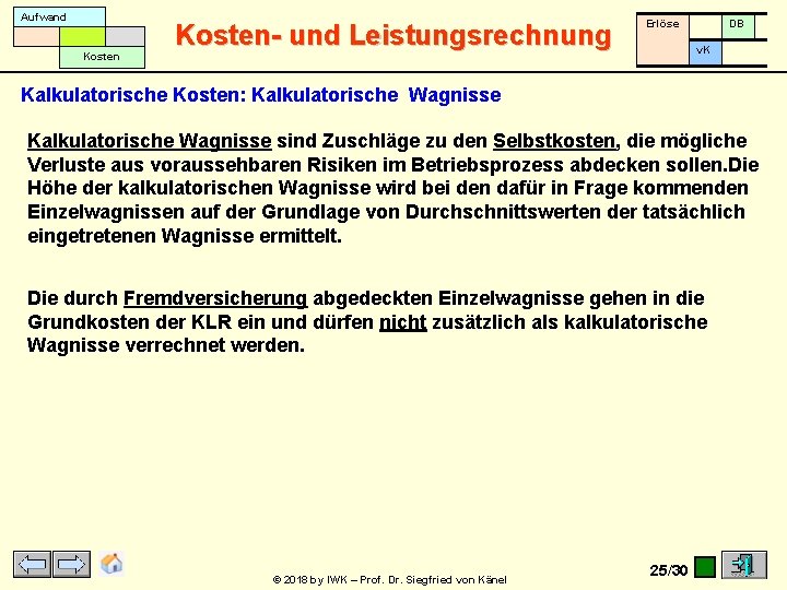 Aufwand Kosten- und Leistungsrechnung Erlöse DB v. K Kalkulatorische Kosten: Kalkulatorische Wagnisse sind Zuschläge