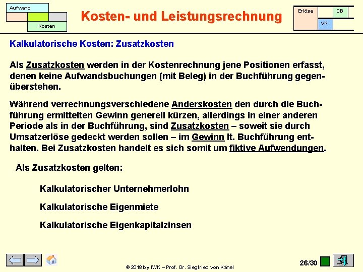 Aufwand Kosten- und Leistungsrechnung Erlöse DB v. K Kalkulatorische Kosten: Zusatzkosten Als Zusatzkosten werden