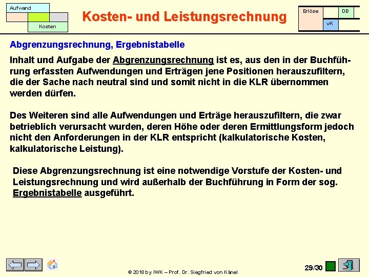 Aufwand Kosten- und Leistungsrechnung Erlöse DB v. K Abgrenzungsrechnung, Ergebnistabelle Inhalt und Aufgabe der