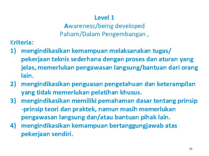 Level 1 Awareness/being developed Paham/Dalam Pengembangan , Kriteria: 1) mengindikasikan kemampuan melaksanakan tugas/ pekerjaan