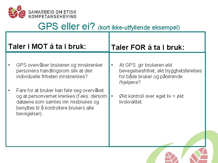 GPS eller ei? (kort ikke-utfyllende eksempel) Taler i MOT å ta i bruk: Taler