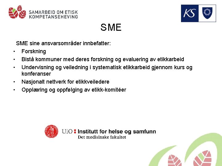 SME sine ansvarsområder innbefatter: • Forskning • Bistå kommuner med deres forskning og evaluering