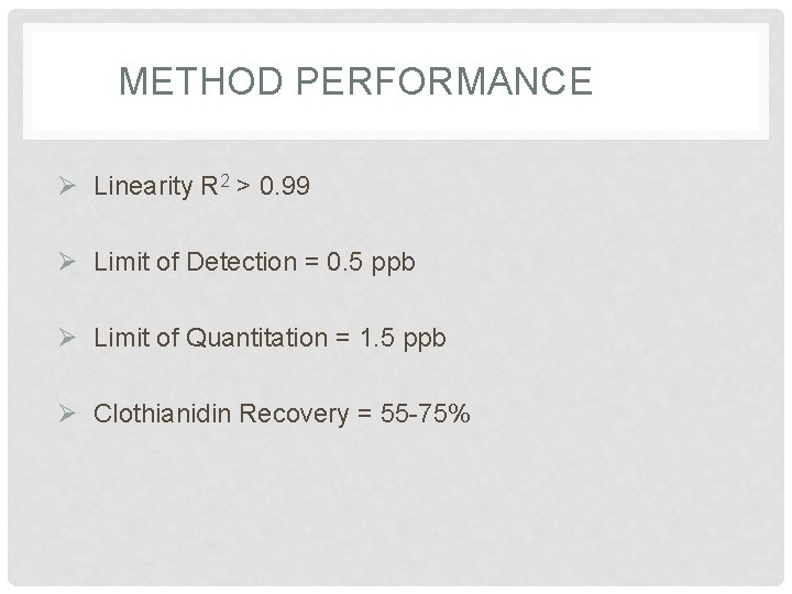 METHOD PERFORMANCE Ø Linearity R 2 > 0. 99 Ø Limit of Detection =