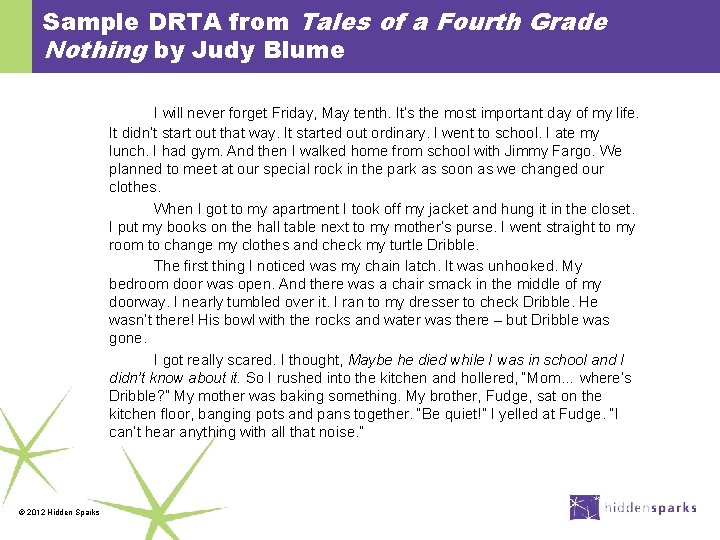 Sample DRTA from Tales of a Fourth Grade Nothing by Judy Blume I will