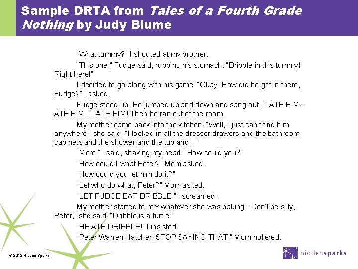 Sample DRTA from Tales of a Fourth Grade Nothing by Judy Blume “What tummy?