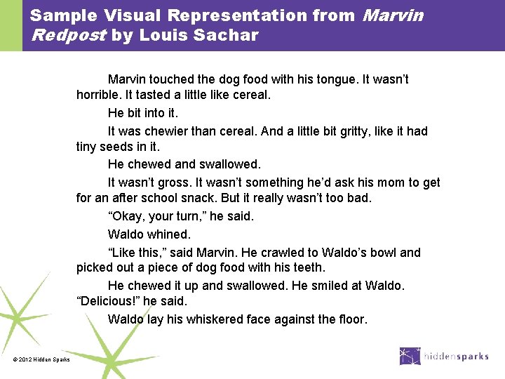 Sample Visual Representation from Marvin Redpost by Louis Sachar Marvin touched the dog food