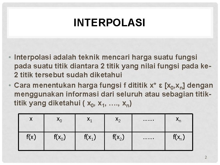 INTERPOLASI • Interpolasi adalah teknik mencari harga suatu fungsi pada suatu titik diantara 2
