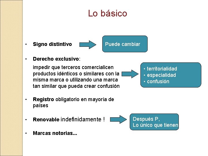 Lo básico • Signo distintivo • Derecho exclusivo: Puede cambiar impedir que terceros comercialicen