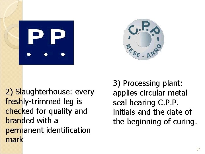 2) Slaughterhouse: every freshly-trimmed leg is checked for quality and branded with a permanent