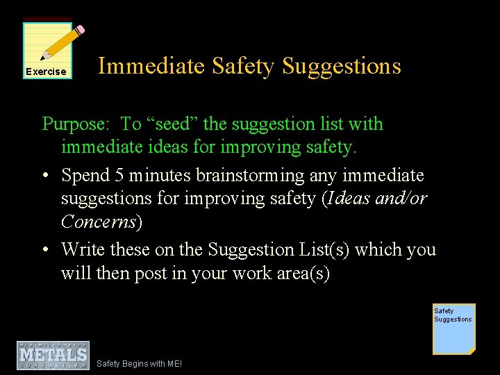 Exercise Immediate Safety Suggestions Purpose: To “seed” the suggestion list with immediate ideas for