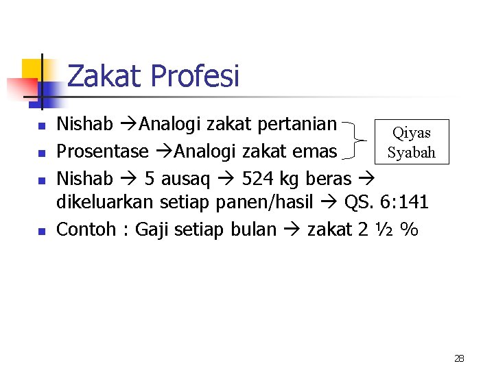 Zakat Profesi n n Nishab Analogi zakat pertanian Qiyas Syabah Prosentase Analogi zakat emas