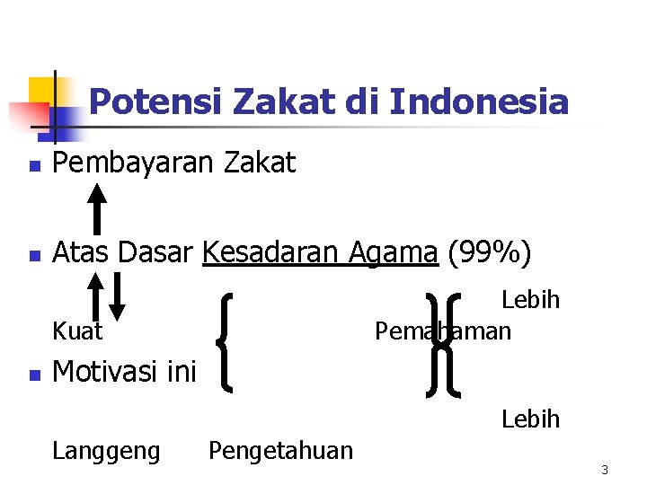 Potensi Zakat di Indonesia n Pembayaran Zakat n Atas Dasar Kesadaran Agama (99%) Lebih