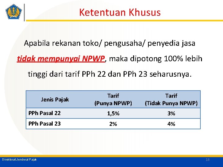 Ketentuan Khusus Apabila rekanan toko/ pengusaha/ penyedia jasa tidak mempunyai NPWP, maka dipotong 100%