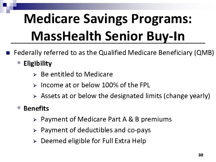Medicare Savings Programs: Mass. Health Senior Buy-In n Federally referred to as the Qualified