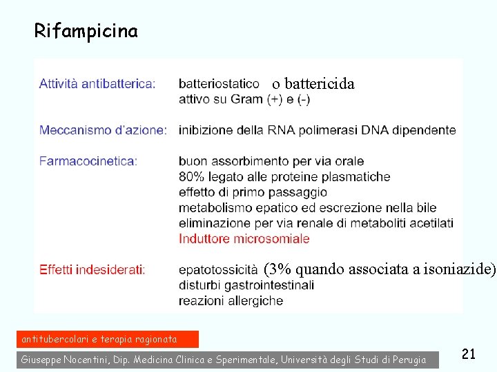Rifampicina o battericida (3% quando associata a isoniazide) antitubercolari e terapia ragionata Giuseppe Nocentini,