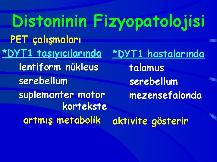 Distoninin Fizyopatolojisi PET çalışmaları *DYT 1 taşıyıcılarında *DYT 1 hastalarında lentiform nükleus talamus serebellum