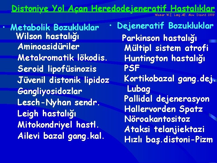 Distoniye Yol Açan Heredodejeneratif Hastalıklar Weiner WJ, Lang AE. Mov. Disord 1989 • Metabolik