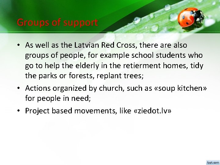 Groups of support • As well as the Latvian Red Cross, there also groups