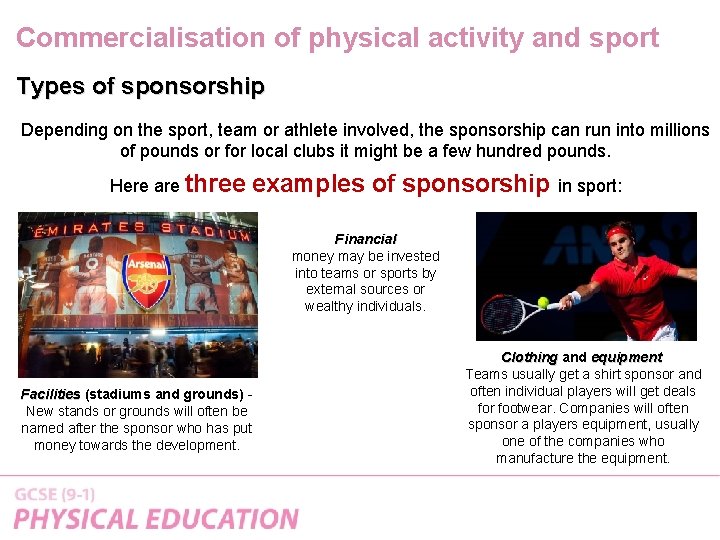 Commercialisation of physical activity and sport Types of sponsorship Depending on the sport, team