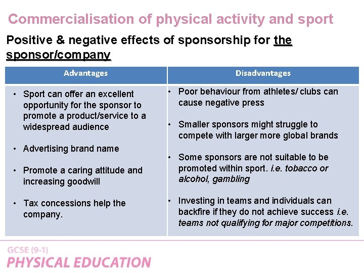 Commercialisation of physical activity and sport Positive & negative effects of sponsorship for the