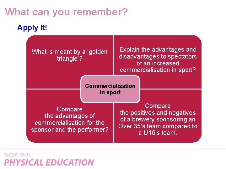 What can you remember? Apply it! What is meant by a ‘golden triangle’? Explain